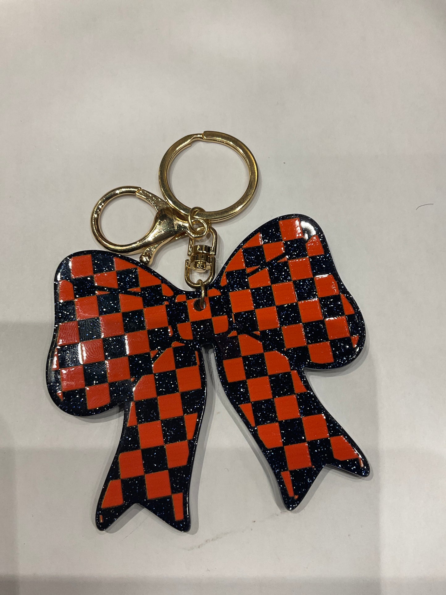 Orange/Blue check Bow keychain