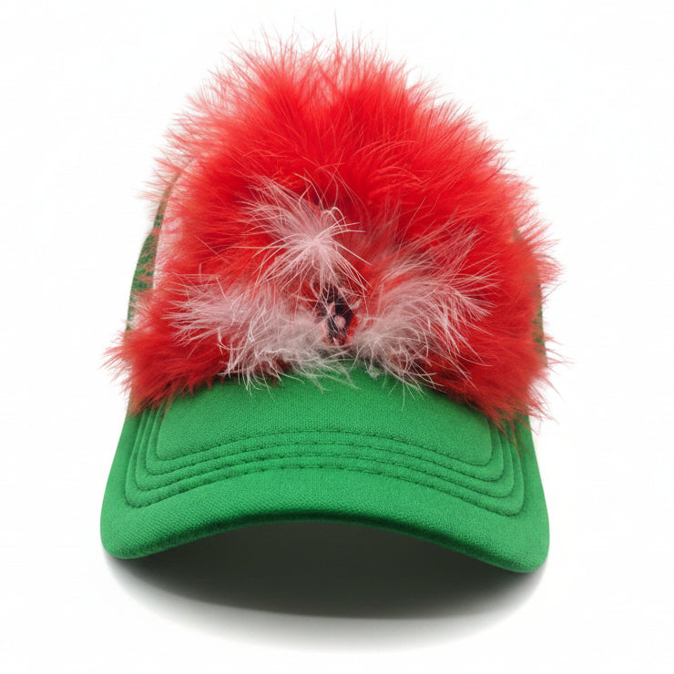 Red & Green Feather Trucker Hat