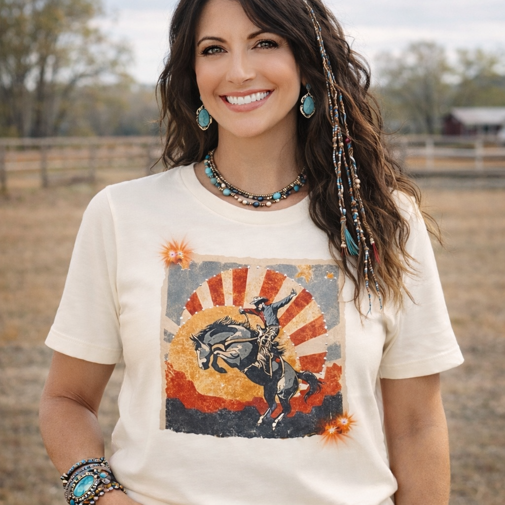 Cowboy Up Sunset T-shirt on Natural with crystals