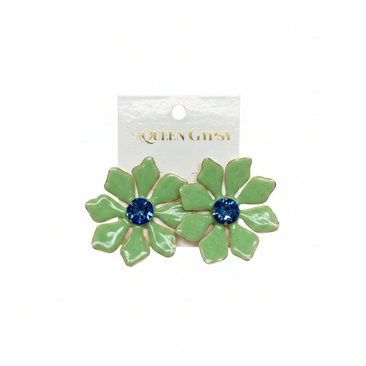 Enamel painted flower with crystal earring