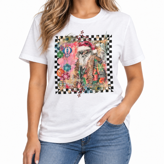 Checkerboard Santa T-shirt on White with Crystals
