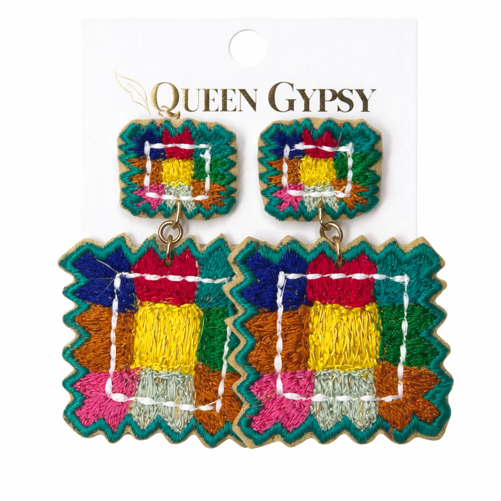 Multi Embroidered Patchwork Earrings