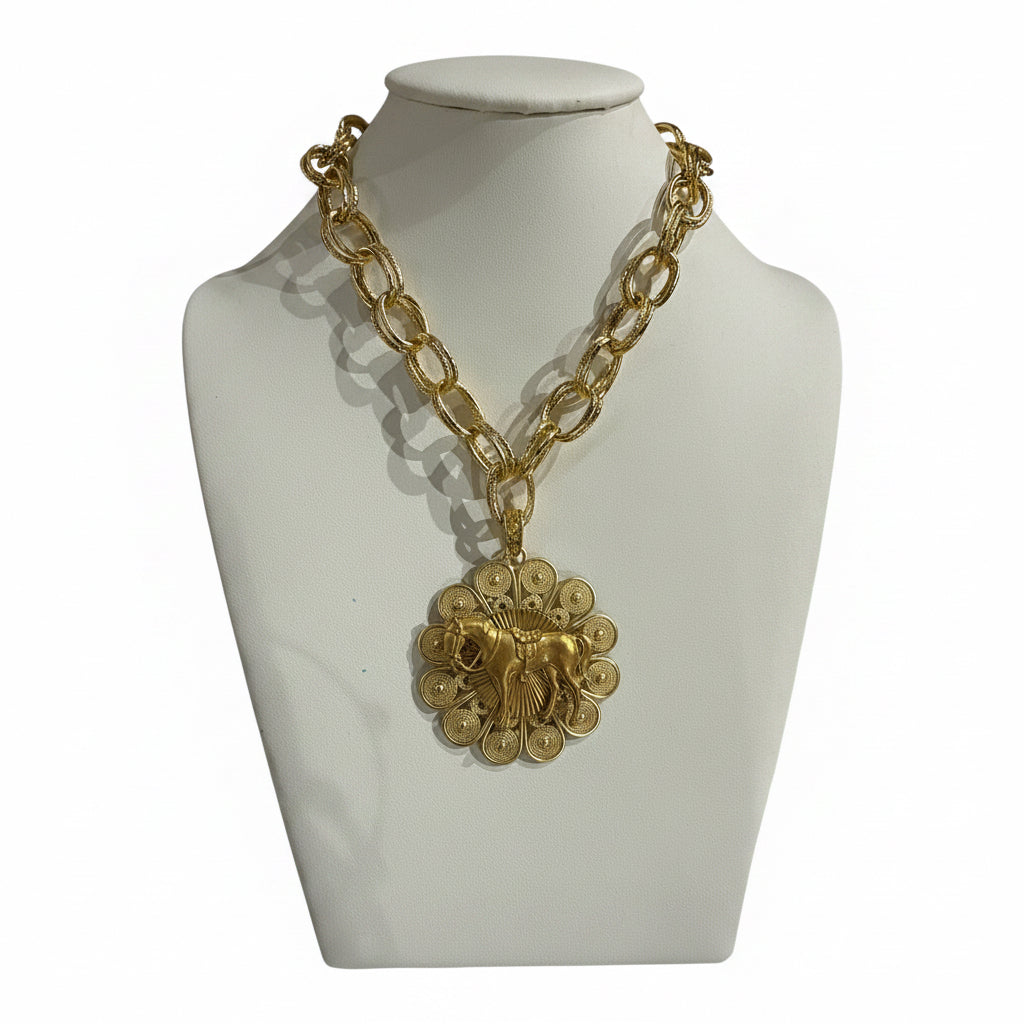 Horse Flower badge medallion necklace