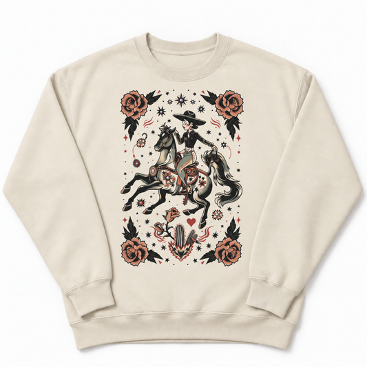 Vaquera Tattoo Sweatshirt on Tan with crystals