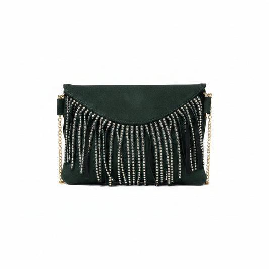 Green Bling Fringe Suede clutch