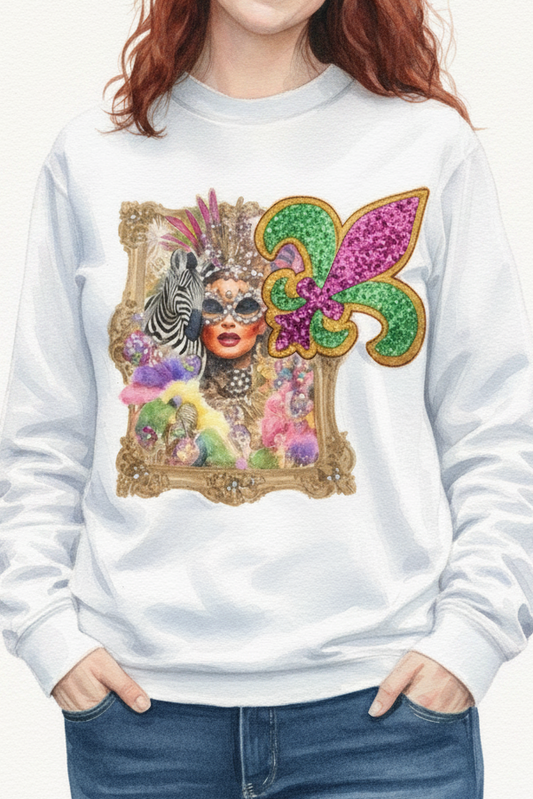 Mardi Gras Queen Sequin patch Sweatshirt on white with Crystals