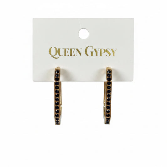 Gold link earring hoop with black stones