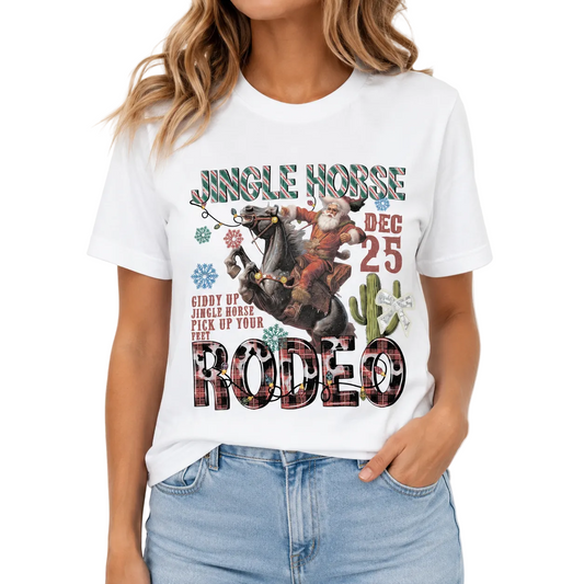 Jingle Horse Rodeo T-Shirt on White with Crystals