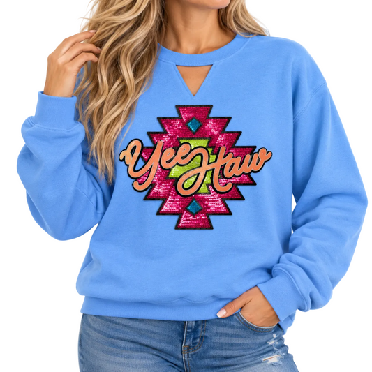 Yee Haw Sequin Patch Sweatshirt on Carolina Blue