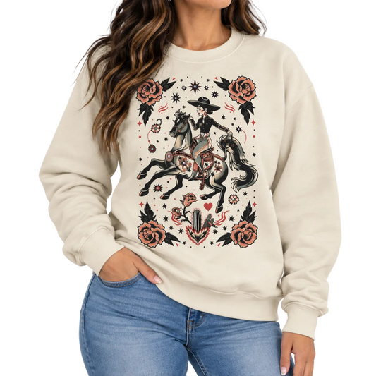 Vaquera Tattoo Sweatshirt on Tan with crystals