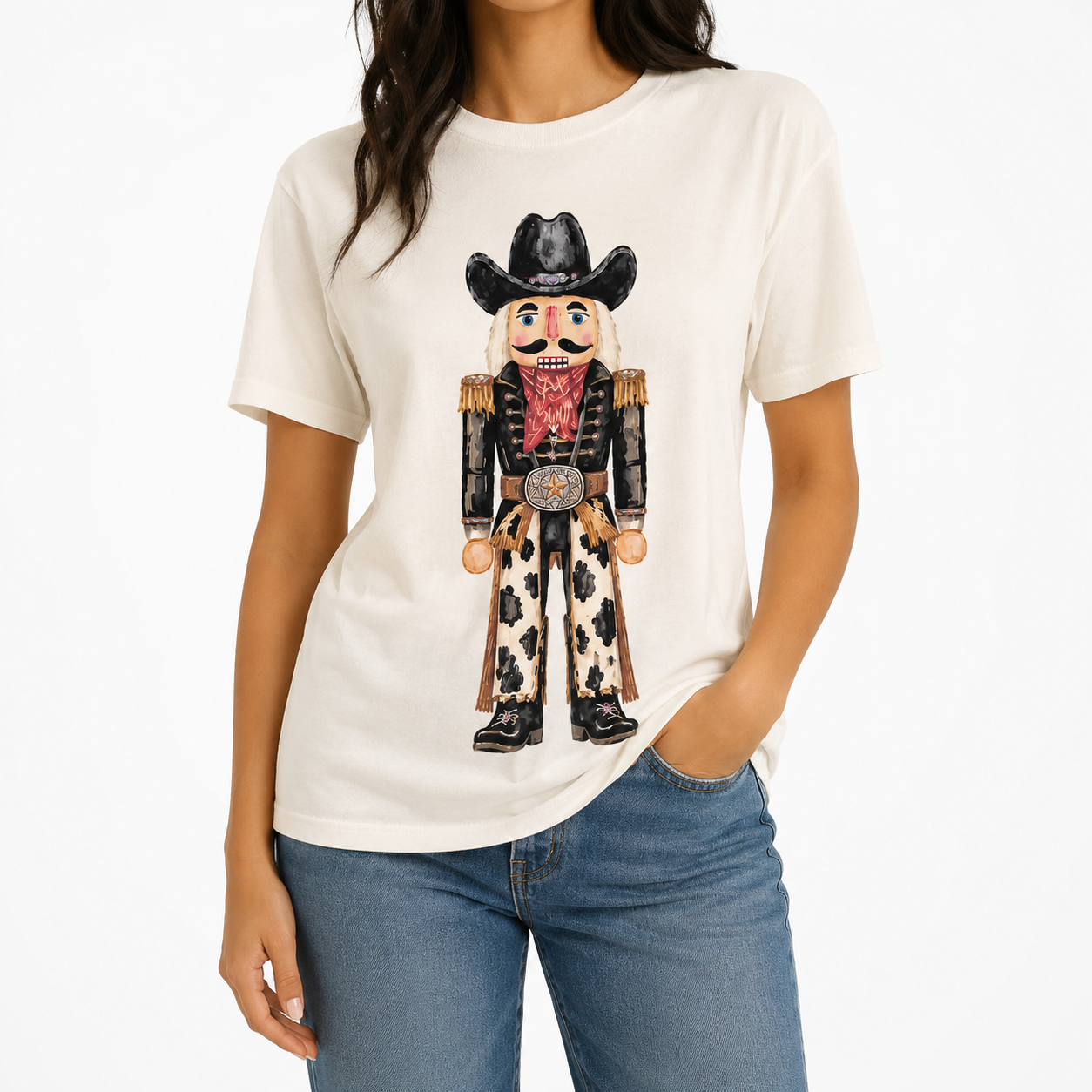 Yeehaw Nutcracker T-shirt on White w/Crystal
