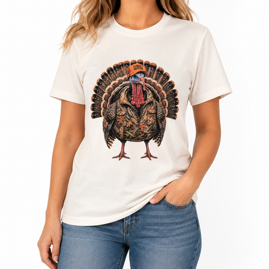 Turkey Hunter T-shirt on Natural w/Crystals