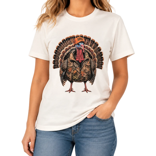 Turkey Hunter T-shirt on Natural w/Crystals
