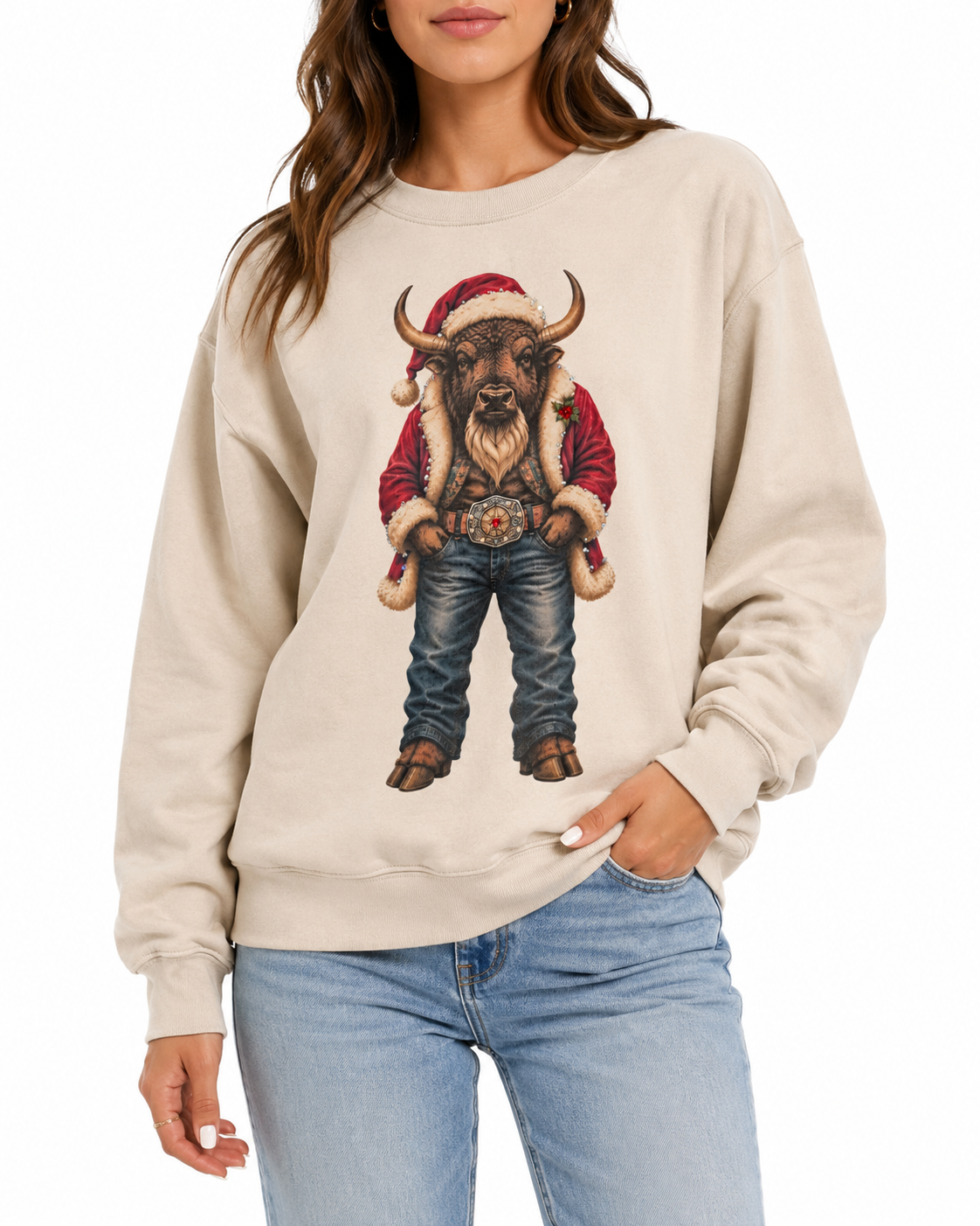 Buffalo Santa Sweatshirt on Tan with Crystals