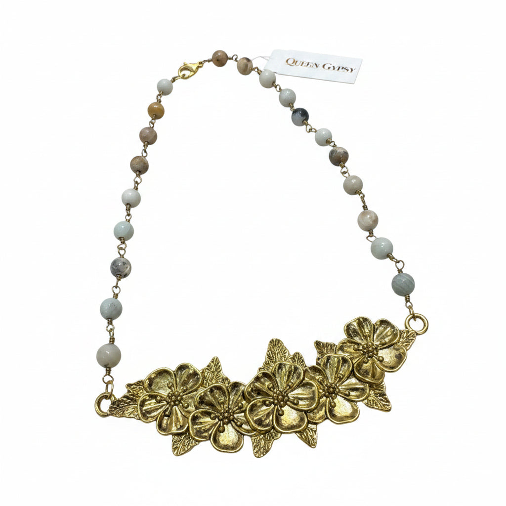 Single strand multi bead with gold flower collar