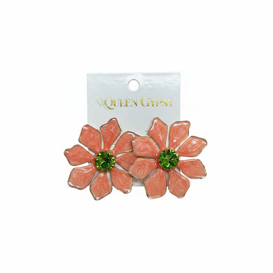 Enamel painted flower with crystal earring