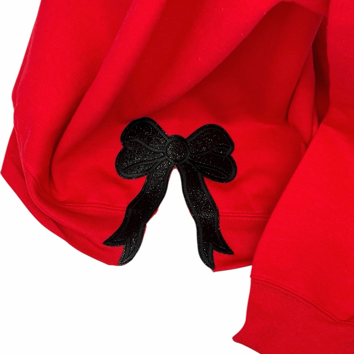 QG Red Grinch Sequin Patch with Bows sweatshirt on Red
