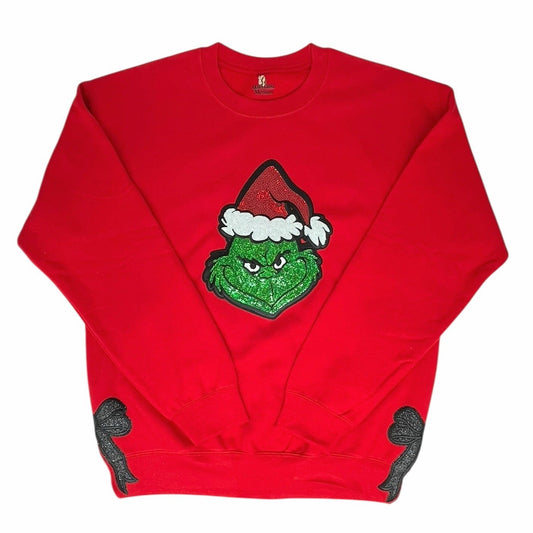 QG Red Grinch Sequin Patch with Bows sweatshirt on Red