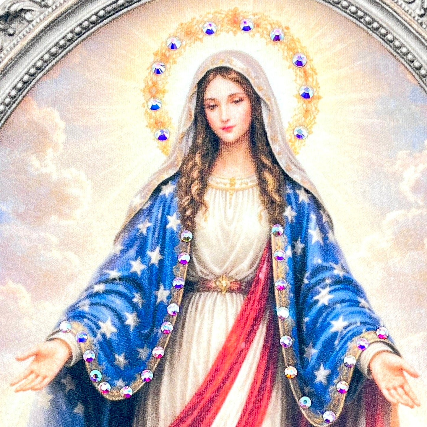 Virgin Mary USA T-Shirt on Natural with Crystals