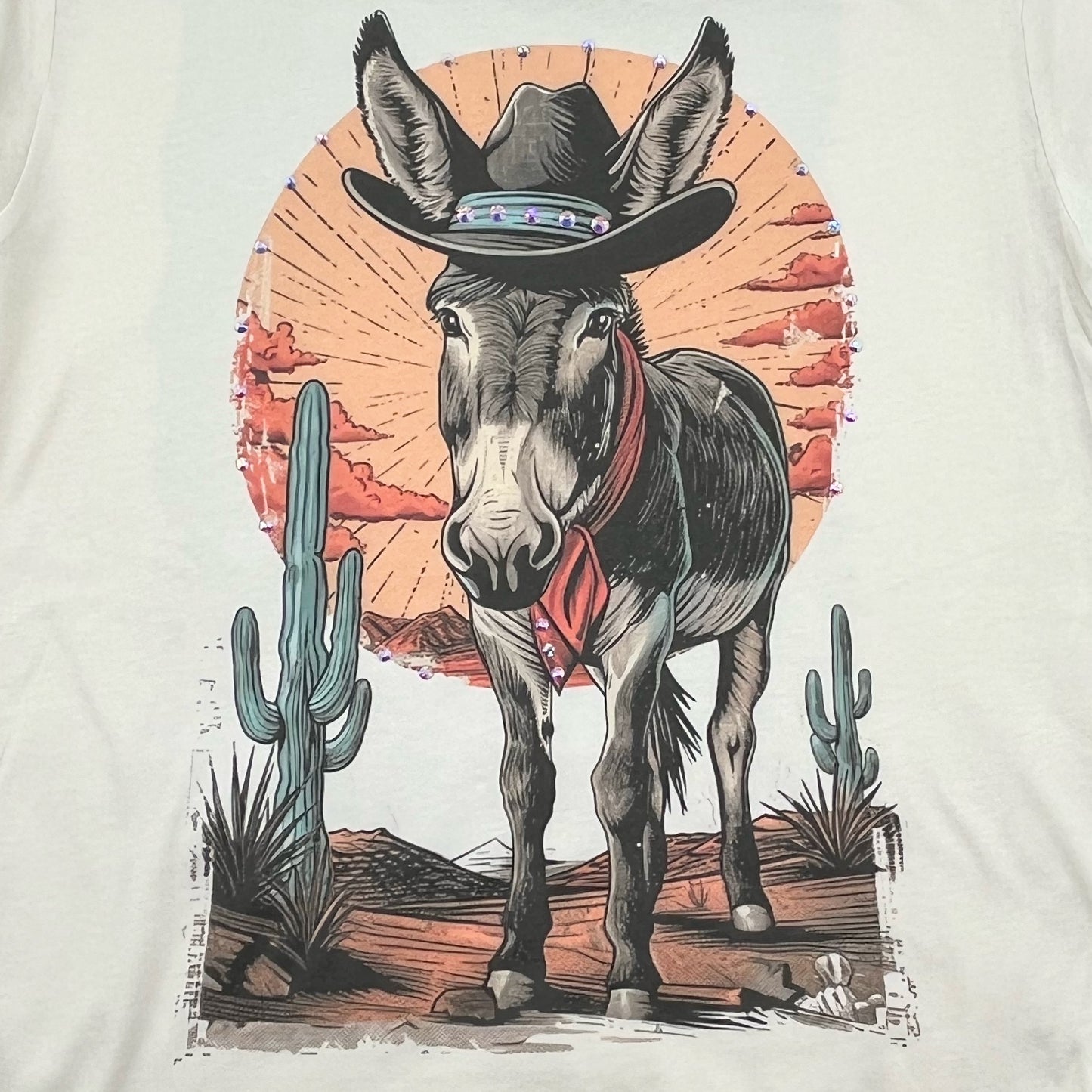 Cowboy Donkey T-Shirt on Natural with Crystals