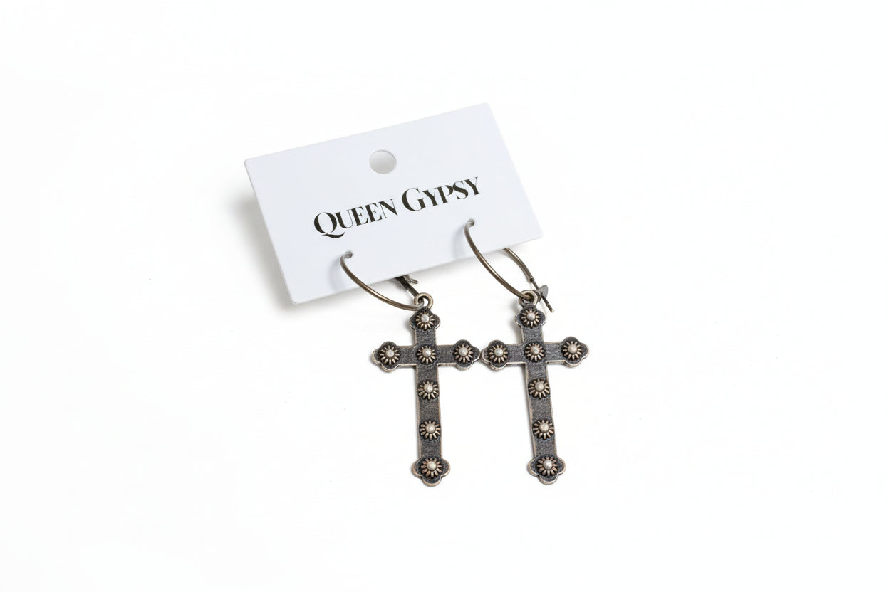 QG-Hoop Cross Earring with Pearl