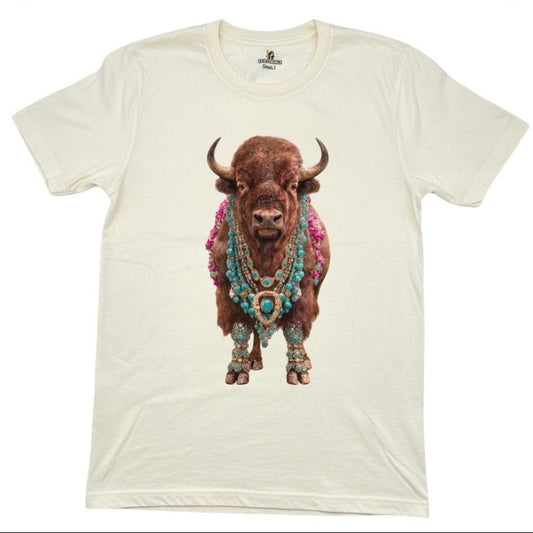 Beaded Bison T-Shirt on Natural with Crystals