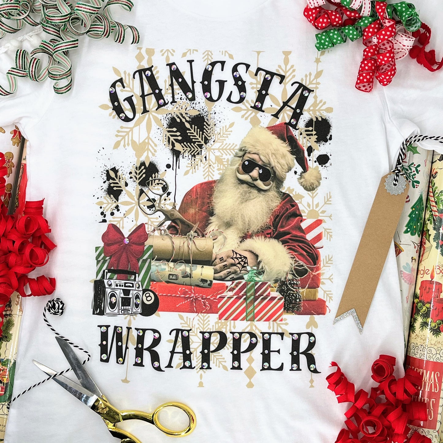 Gangster Wrapper T-Shirt on White with Crystals