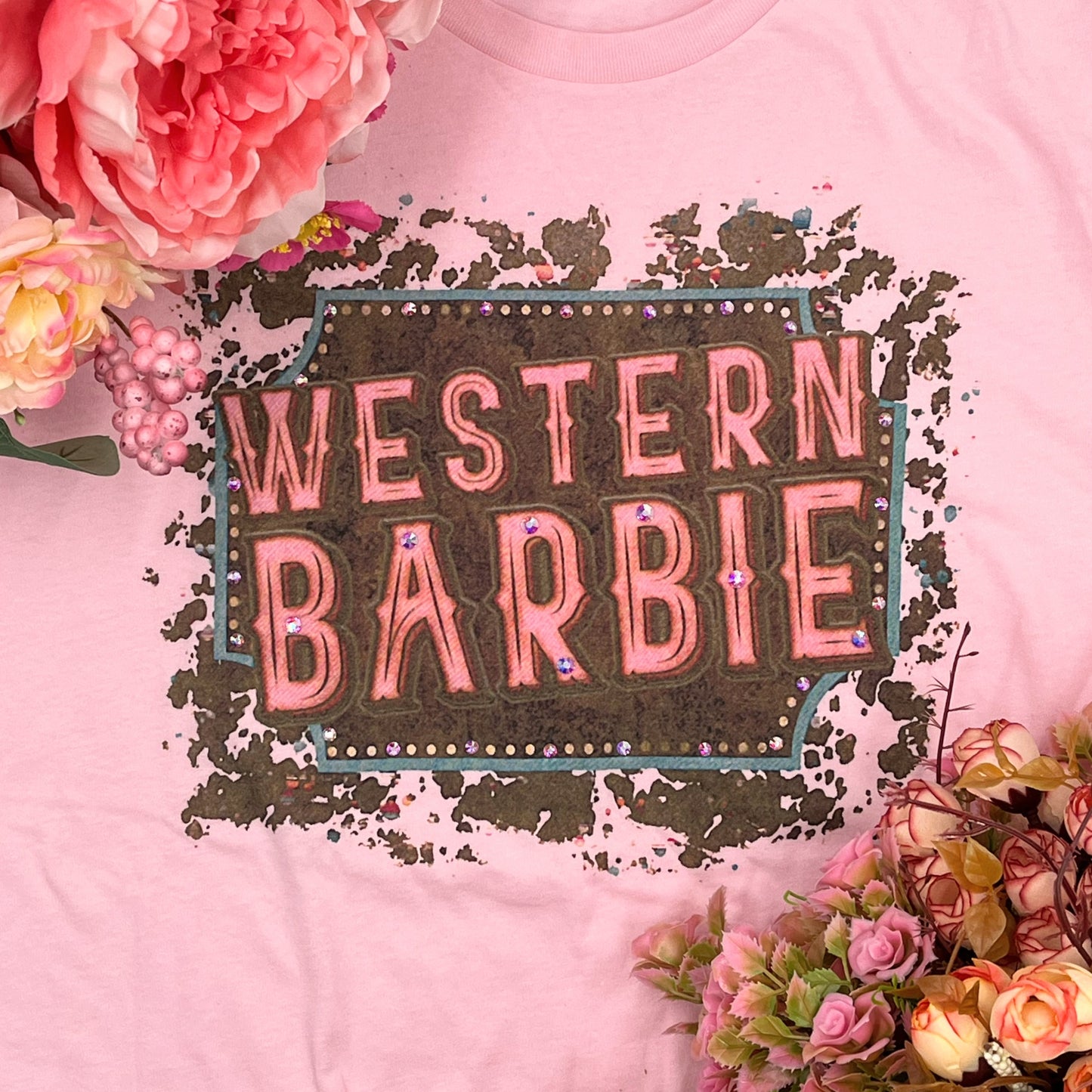 Western Barbie T-Shirt on Pink with Crystals