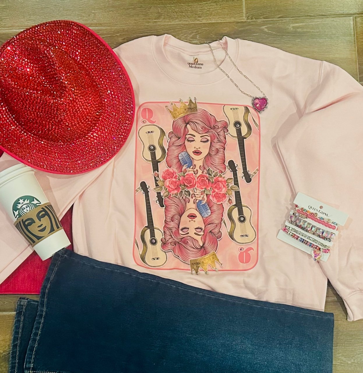 Queen of Hearts Sweatshirt on Pink with Crystals
