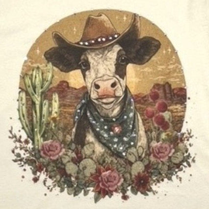 Desert Rodeo Cow Tee on Natural with Crystals