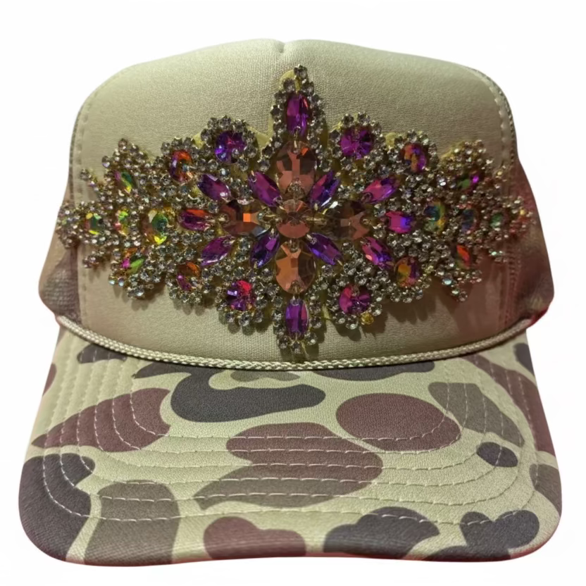 Camo feather trucker with stone