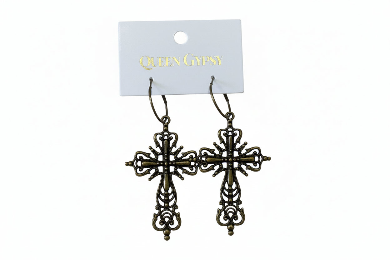 QG-Bronze cross hoop dangle earring
