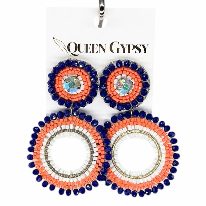 Orange Blue beaded earrings with crystal