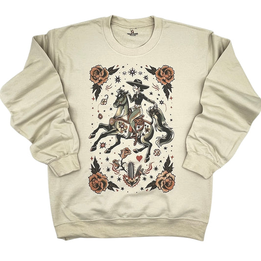 Vaquera Tattoo Sweatshirt on Tan with crystals