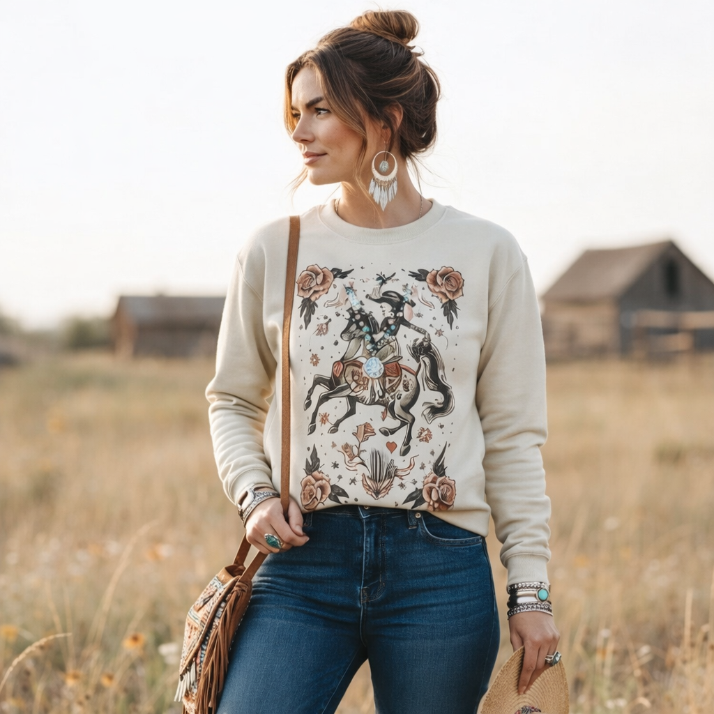 Vaquera Tattoo Sweatshirt on Tan with crystals