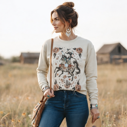 Vaquera Tattoo Sweatshirt on Tan with crystals