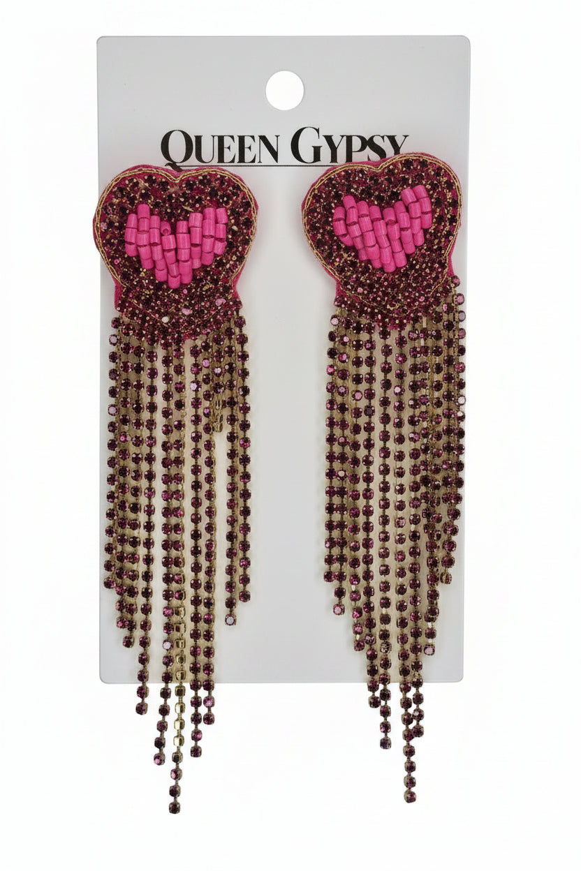 Rhinestone Heart Tassel  Earrings