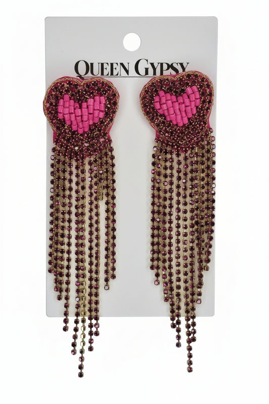 Rhinestone Heart Tassle  Earrings