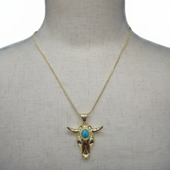 Turquoise-Crowned Gilded Skull Necklace