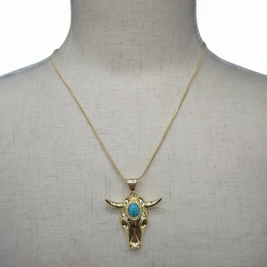 Turquoise-Crowned Gilded Skull Necklace