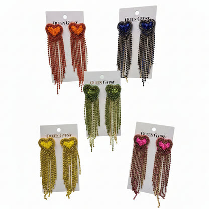 Rhinestone Heart Tassel  Earrings