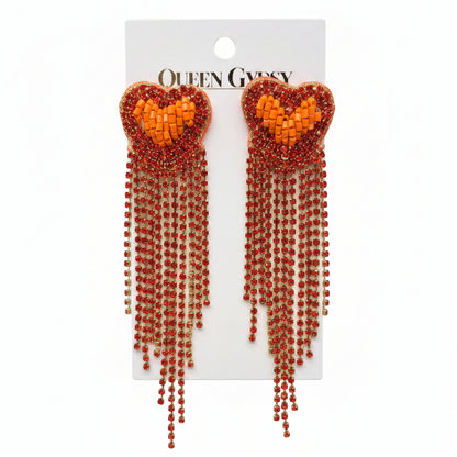 Rhinestone Heart Tassel  Earrings