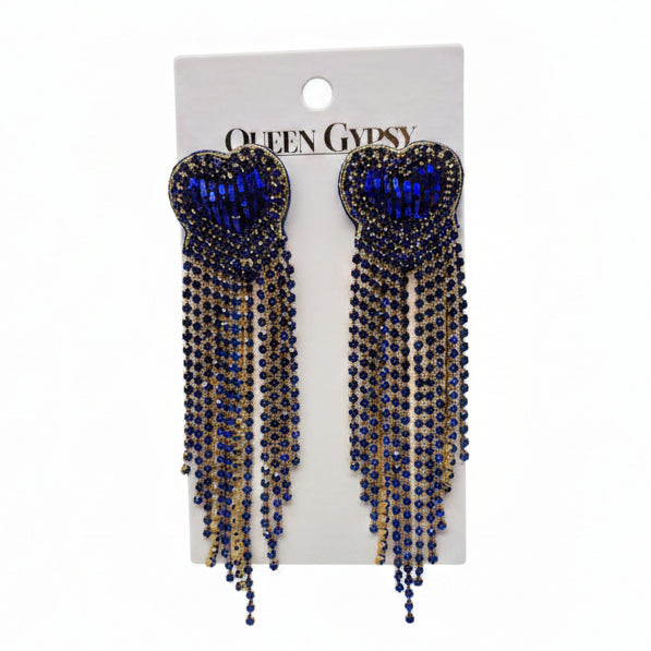 Rhinestone Heart Tassel  Earrings