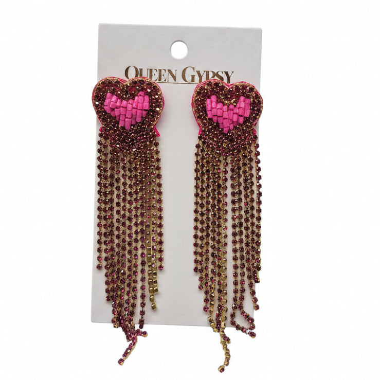 Rhinestone Heart Tassel  Earrings