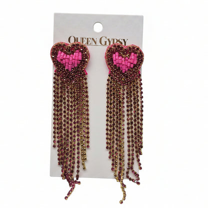 Rhinestone Heart Tassel  Earrings