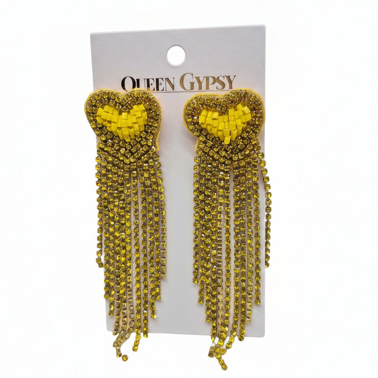 Rhinestone Heart Tassel  Earrings
