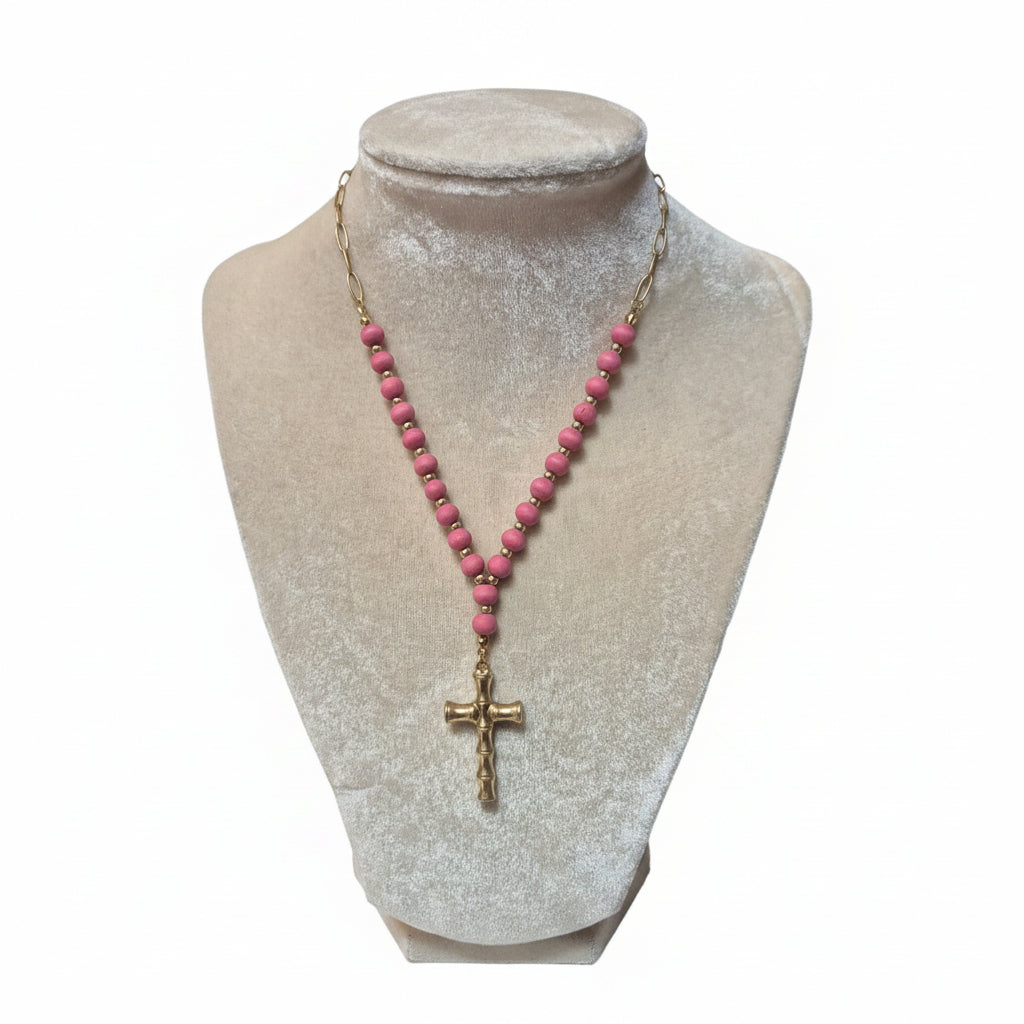 Gilded Bamboo Cross Rosary Necklace
