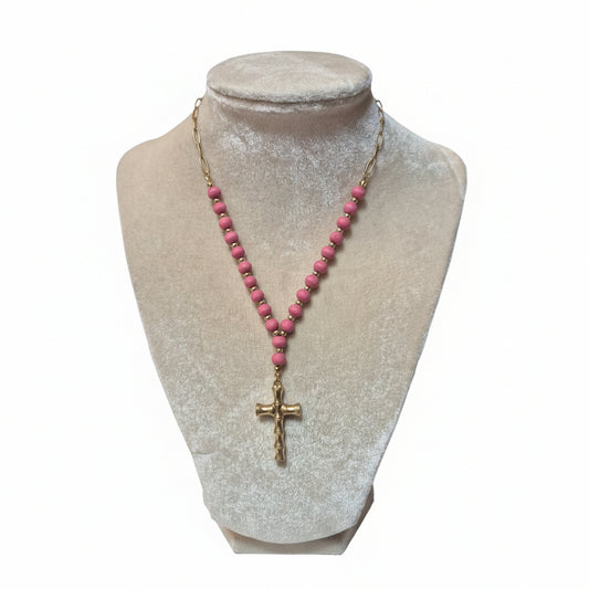 Gilded Bamboo Cross Rosary Necklace