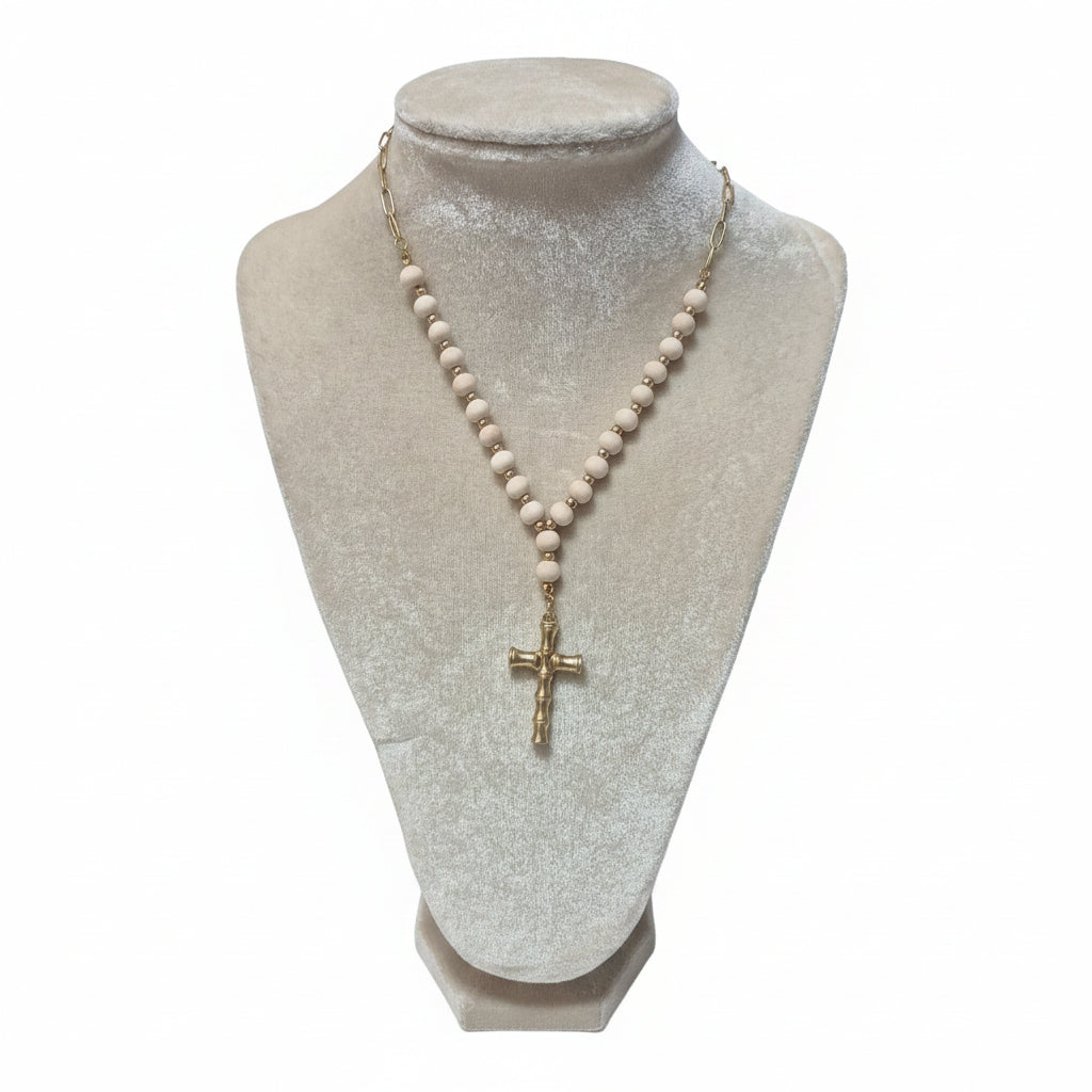 Gilded Bamboo Cross Rosary Necklace