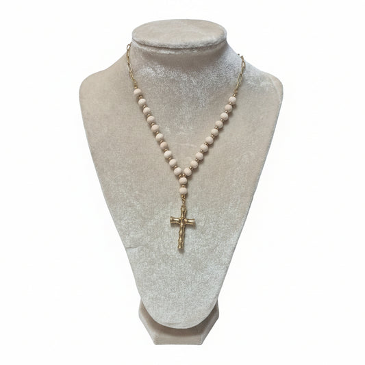Gilded Bamboo Cross Rosary Necklace